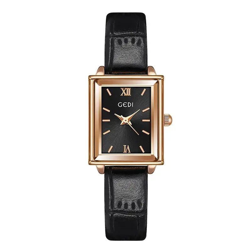 Gedi Women's Square Watch with Gold Plated Case & Black Leather Band - Image 2
