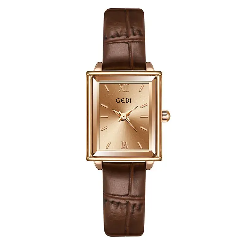 Gedi Women's Square Watch with Gold Plated Case & Black Leather Band - Image 3