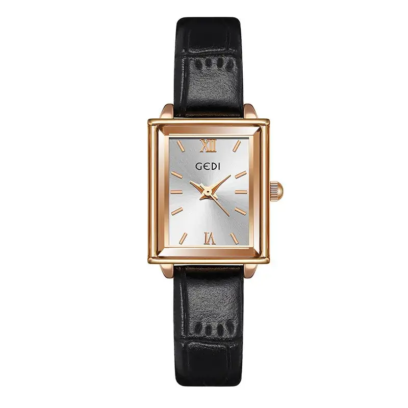 Gedi Women's Square Watch with Gold Plated Case & Black Leather Band - Image 5