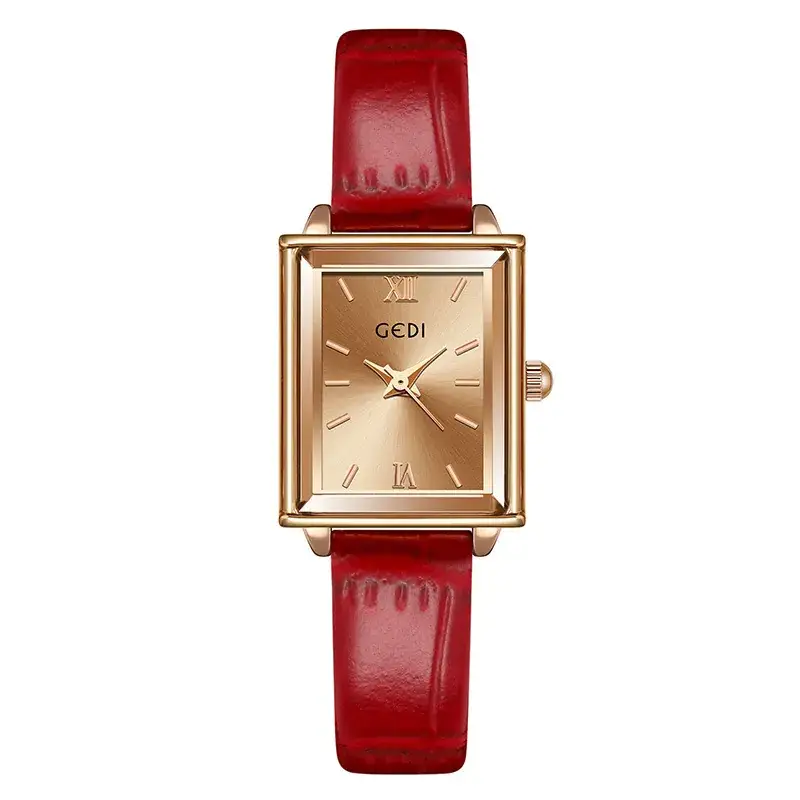 Gedi Women's Square Watch with Gold Plated Case & Black Leather Band - Image 6