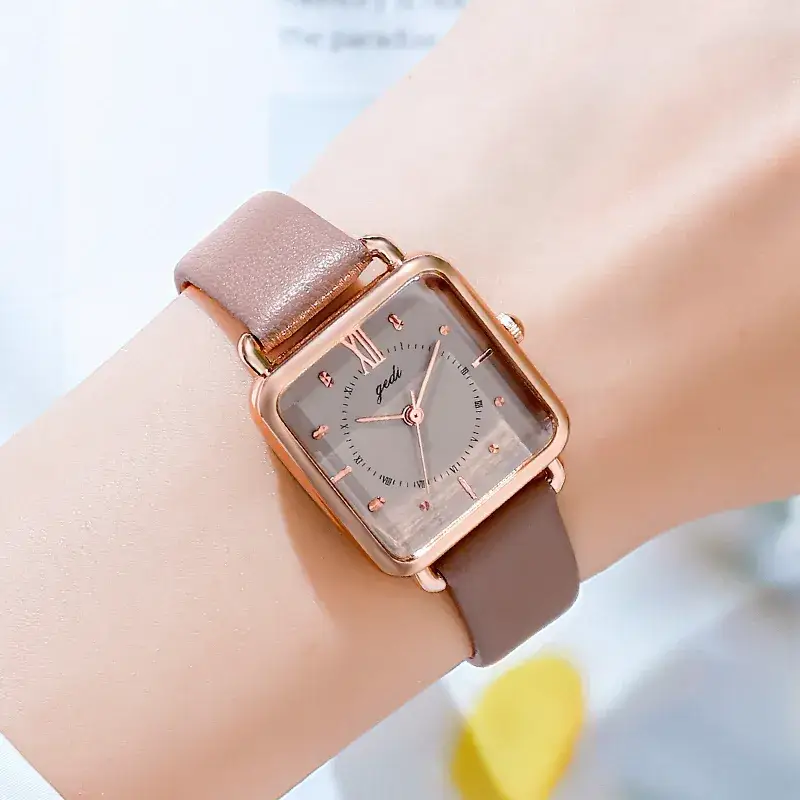 Women's Gedi Retro Square Quartz Watch with Brown Leather Band - Image 6