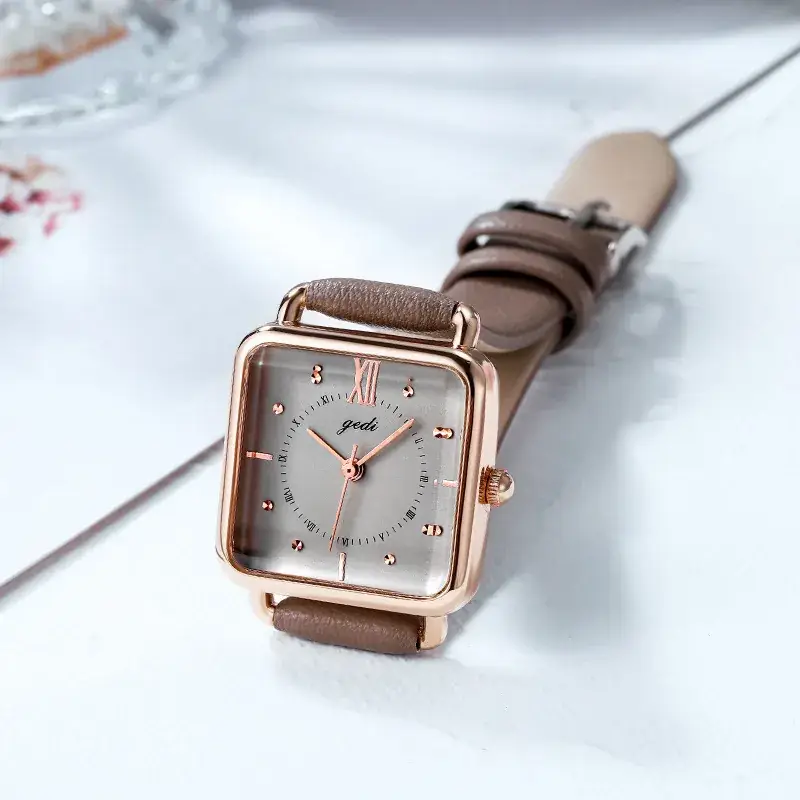 Women's Gedi Retro Square Quartz Watch with Brown Leather Band - Image 8