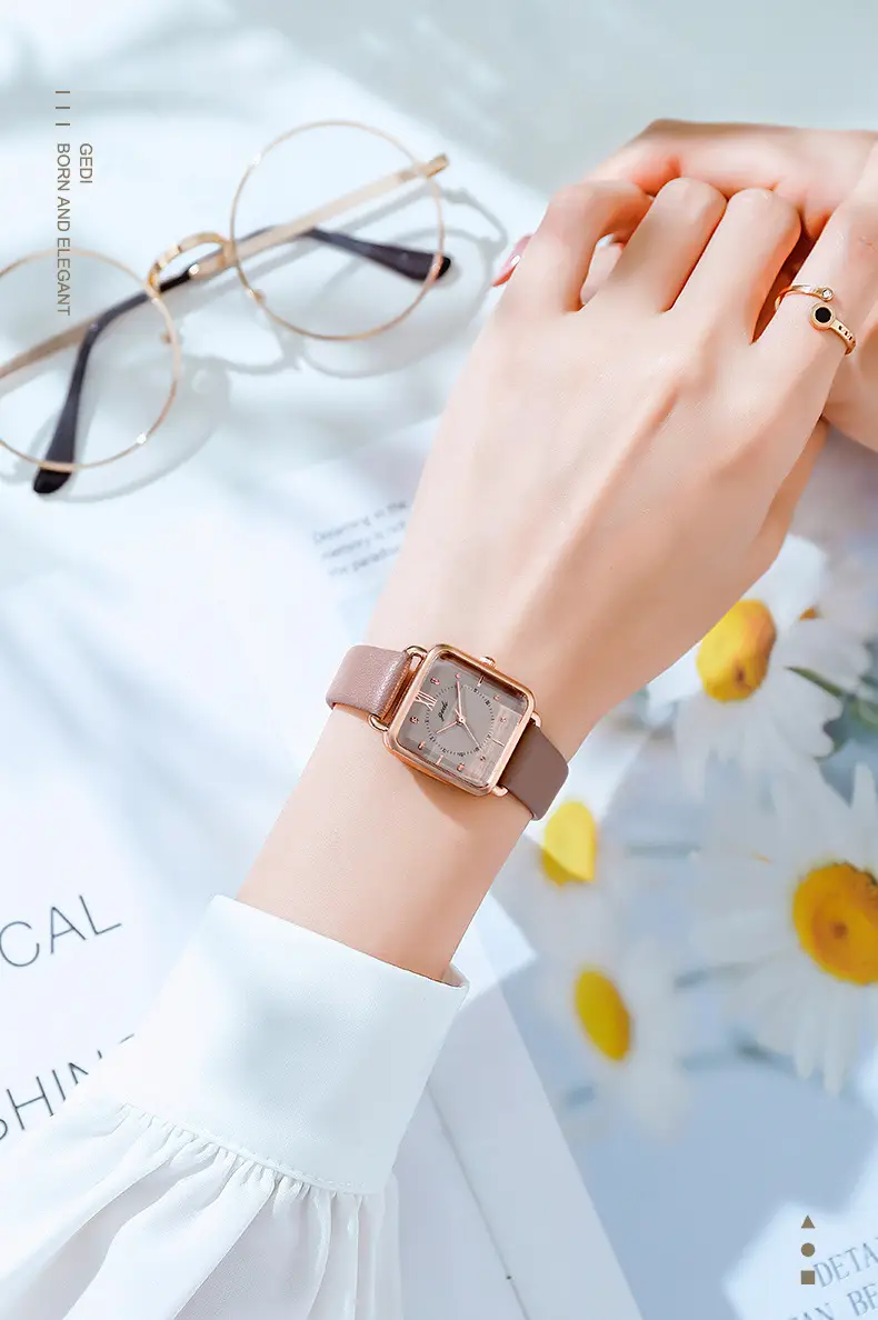 Women's Gedi Retro Square Quartz Watch with Brown Leather Band — feature 5