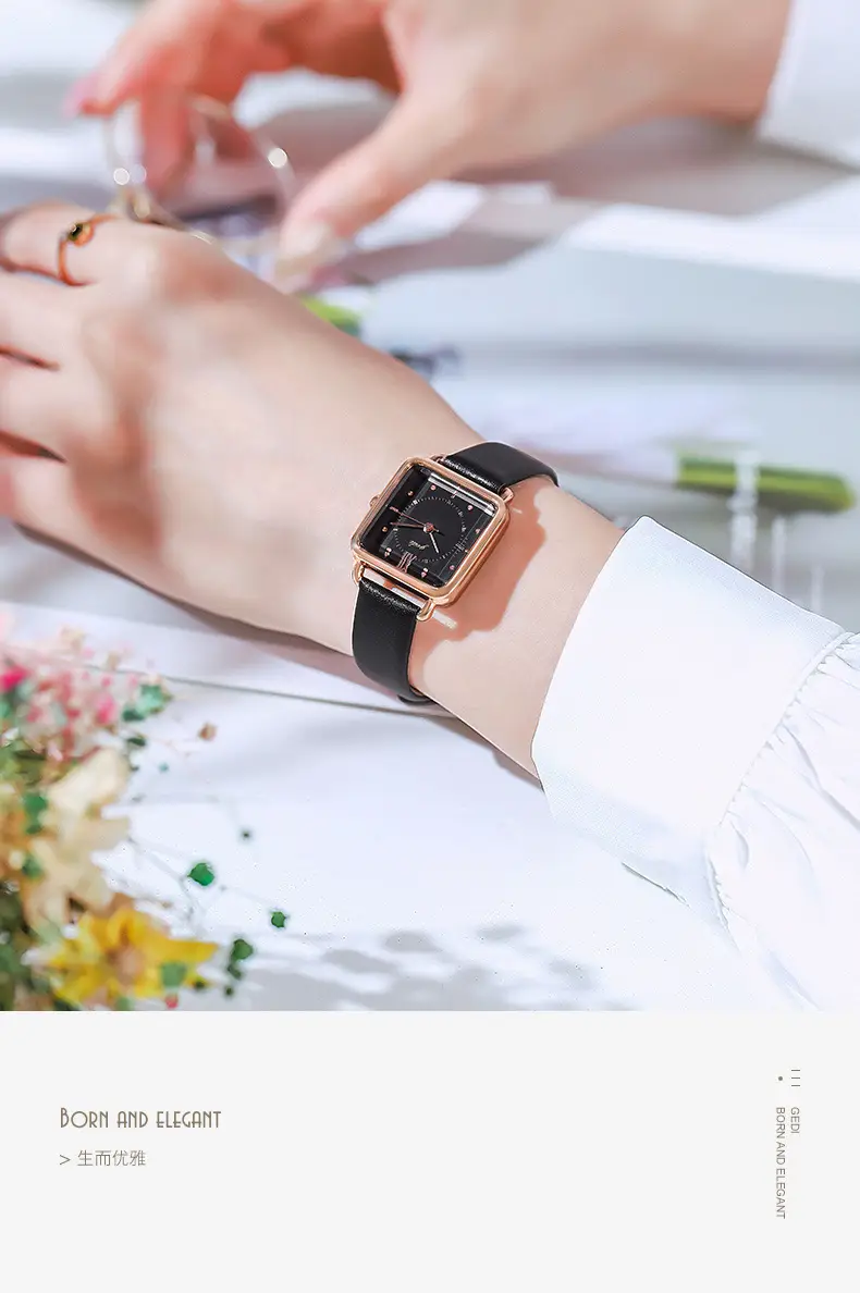 Women's Gedi Retro Square Quartz Watch with Brown Leather Band — feature 9