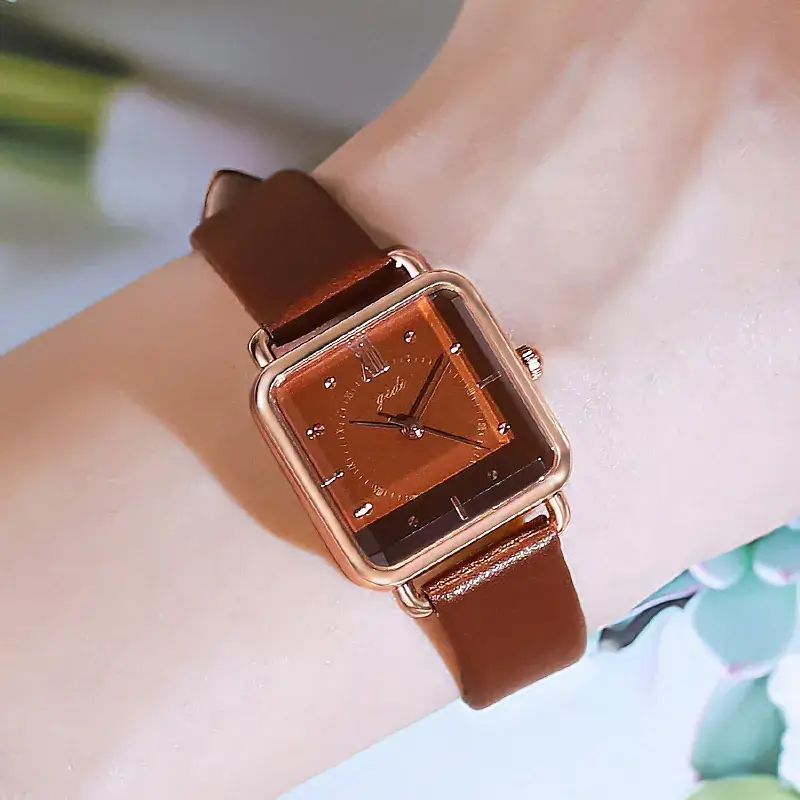 Women's Gedi Retro Square Quartz Watch with Brown Leather Band - Image 2