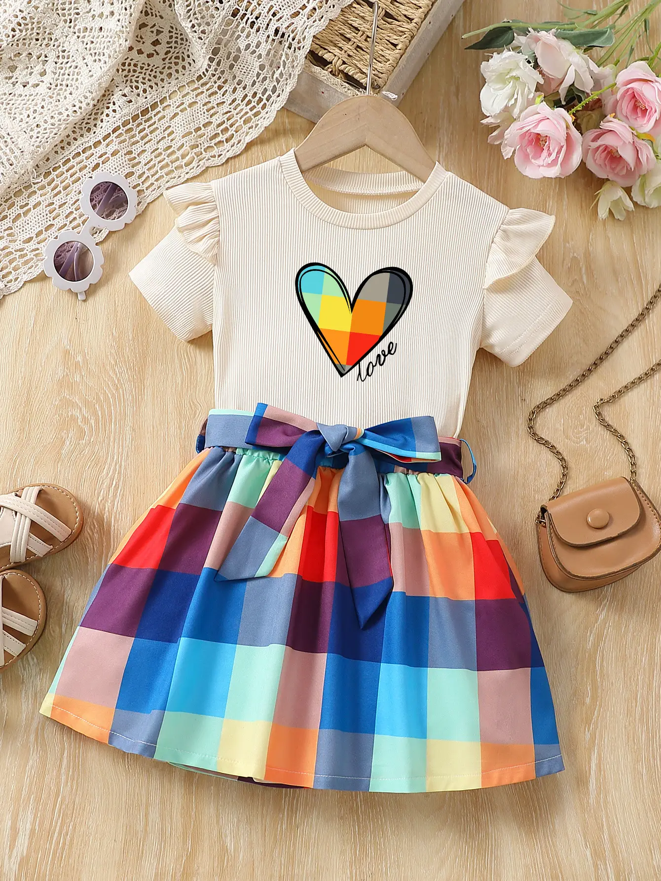 Girls Love Heart Rainbow Plaid Skirt Set - Image 11