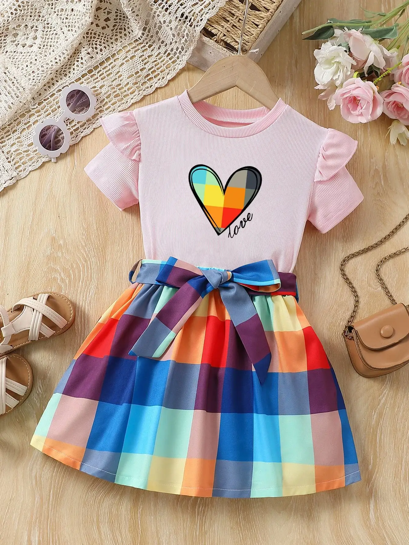 Girls Love Heart Rainbow Plaid Skirt Set — feature 10