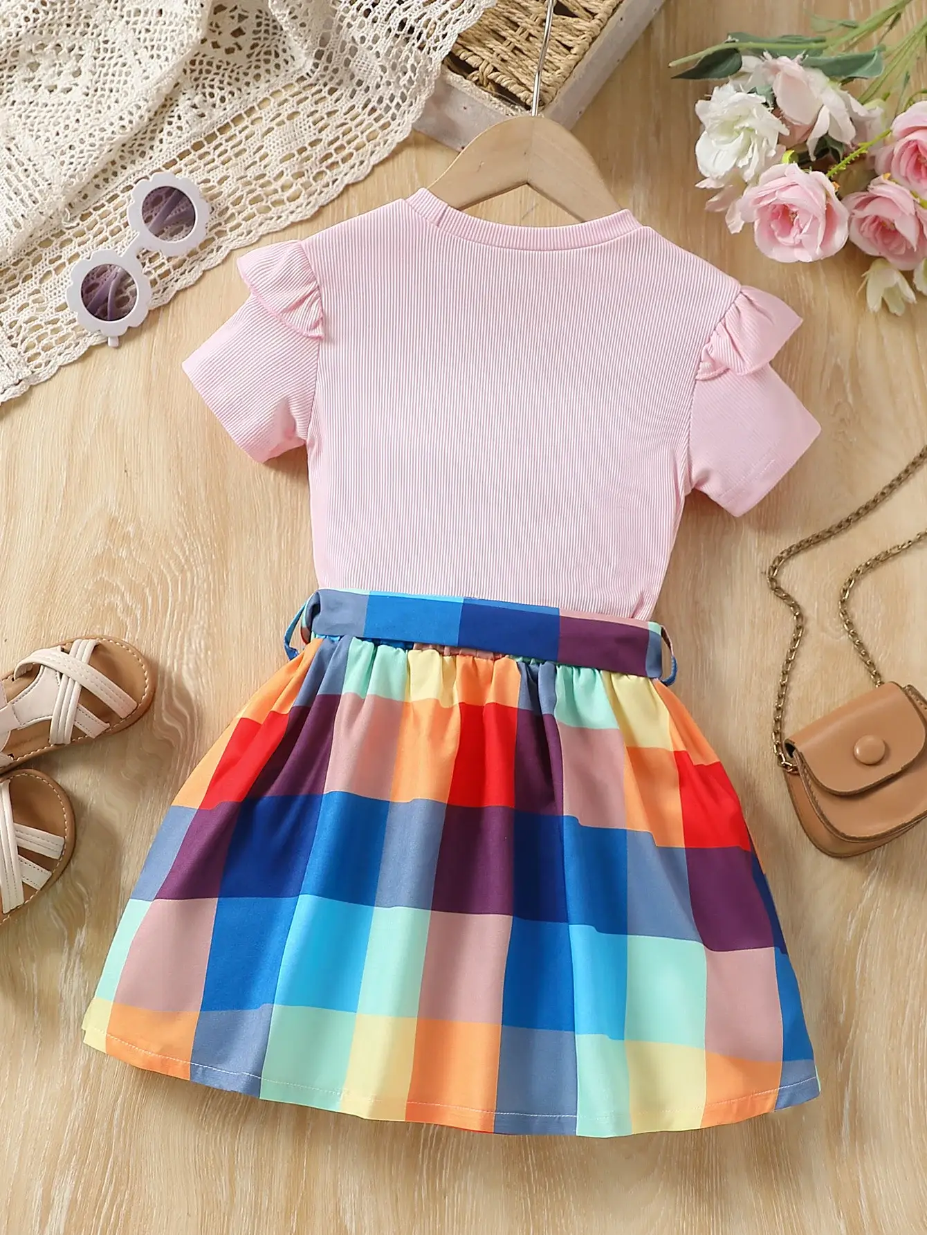 Girls Love Heart Rainbow Plaid Skirt Set — feature 11