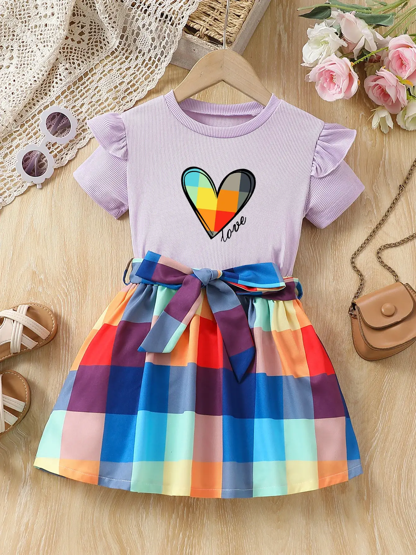 Girls Love Heart Rainbow Plaid Skirt Set — feature 13