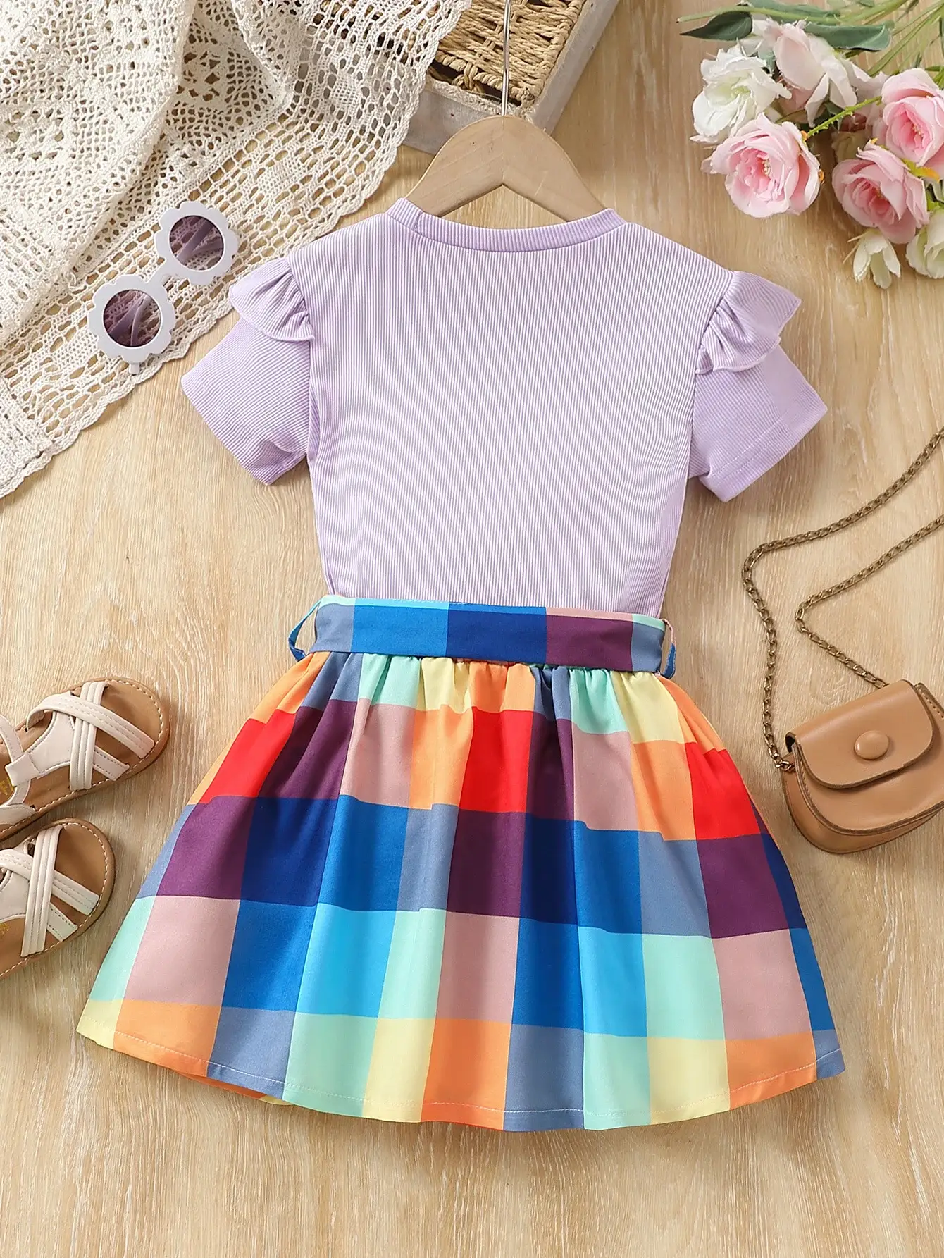 Girls Love Heart Rainbow Plaid Skirt Set — feature 14
