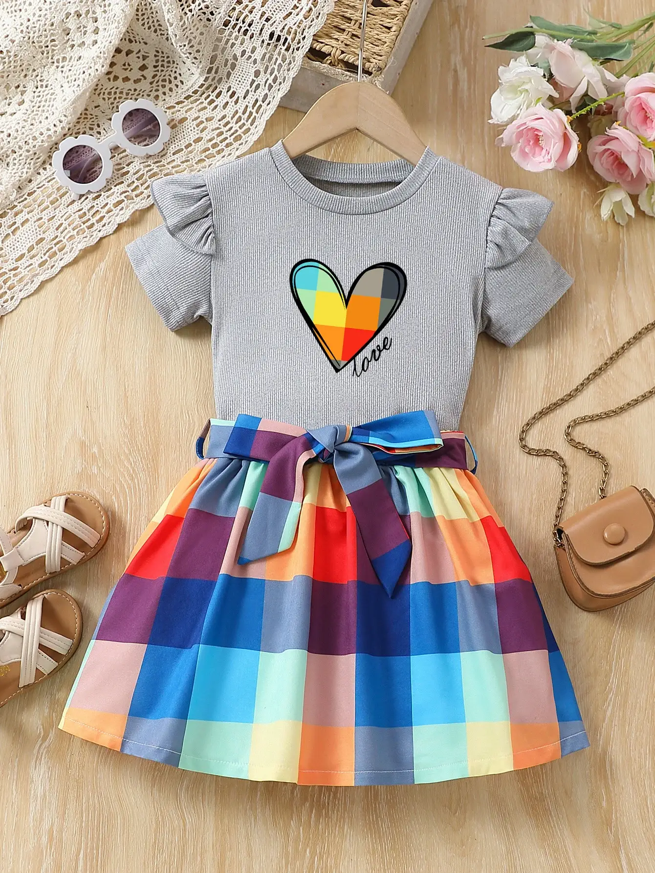 Girls Love Heart Rainbow Plaid Skirt Set — feature 19