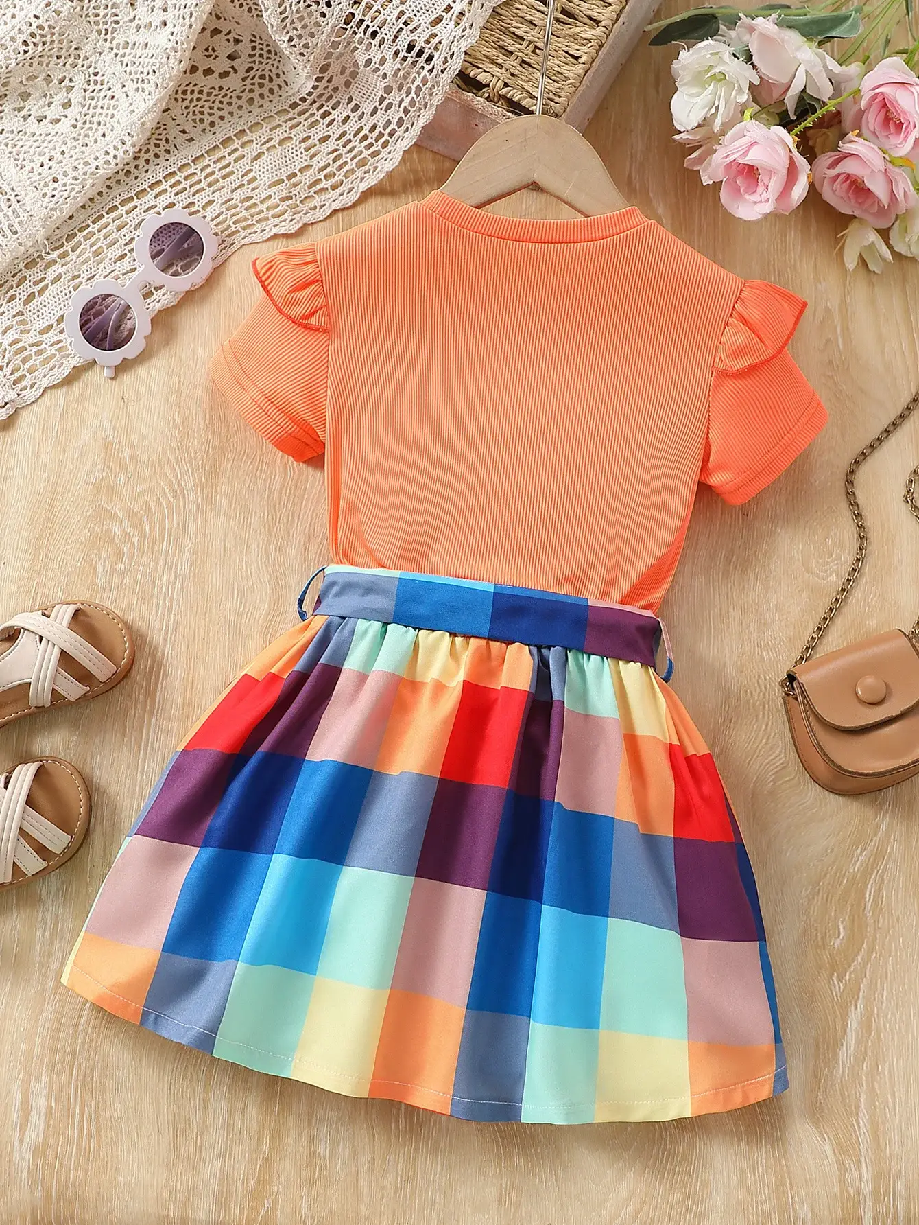 Girls Love Heart Rainbow Plaid Skirt Set — feature 2