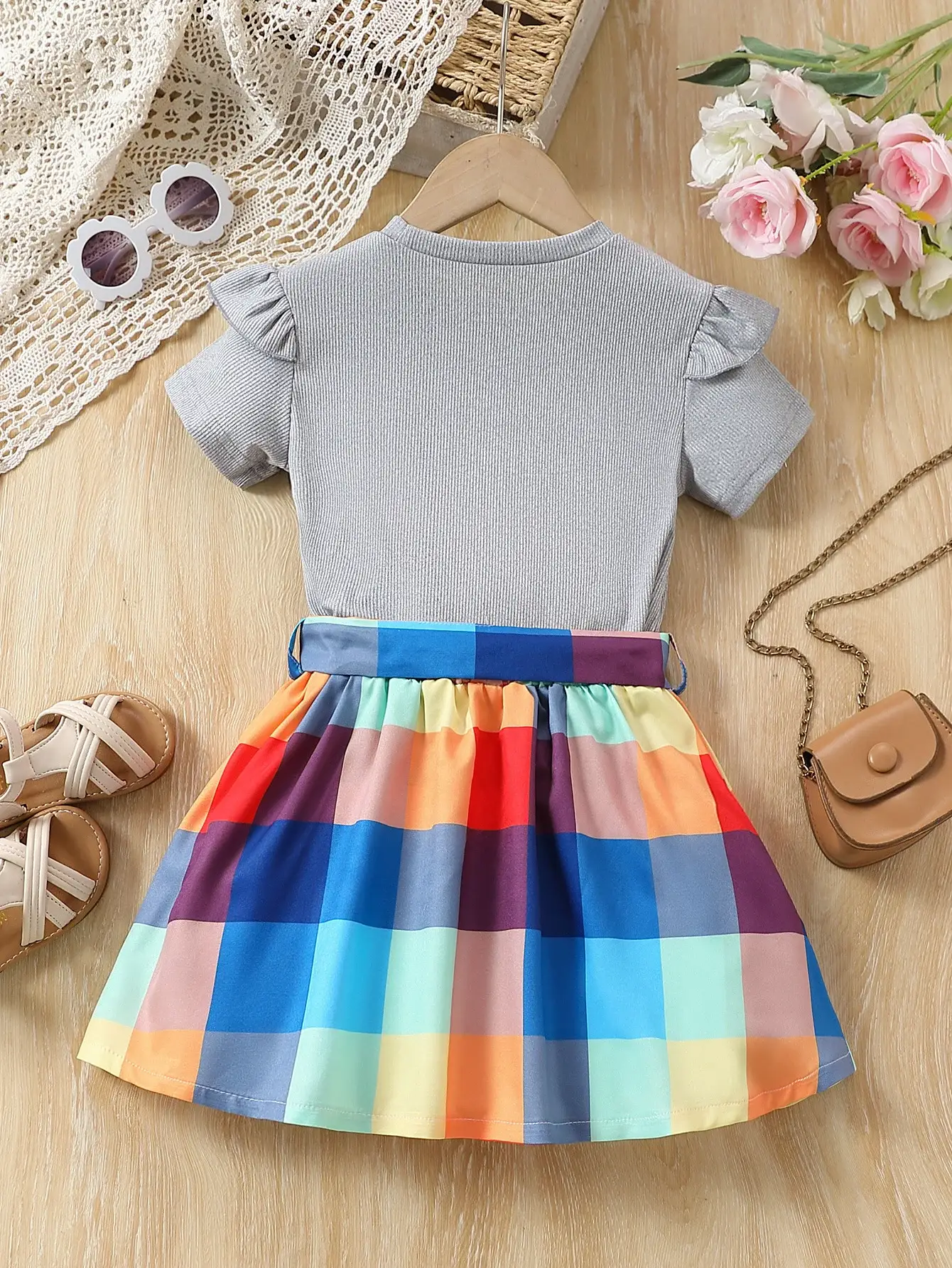 Girls Love Heart Rainbow Plaid Skirt Set — feature 20