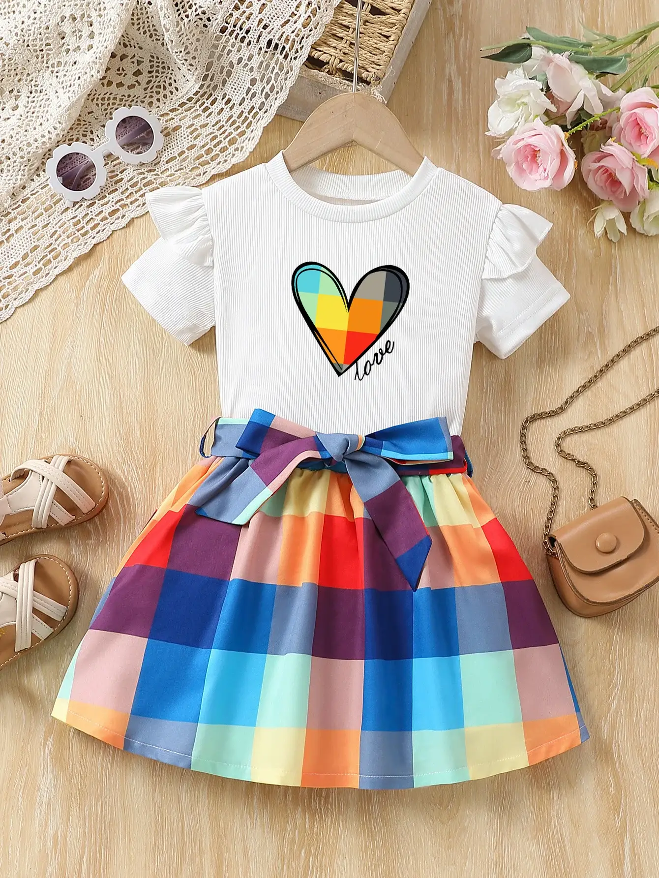 Girls Love Heart Rainbow Plaid Skirt Set — feature 22
