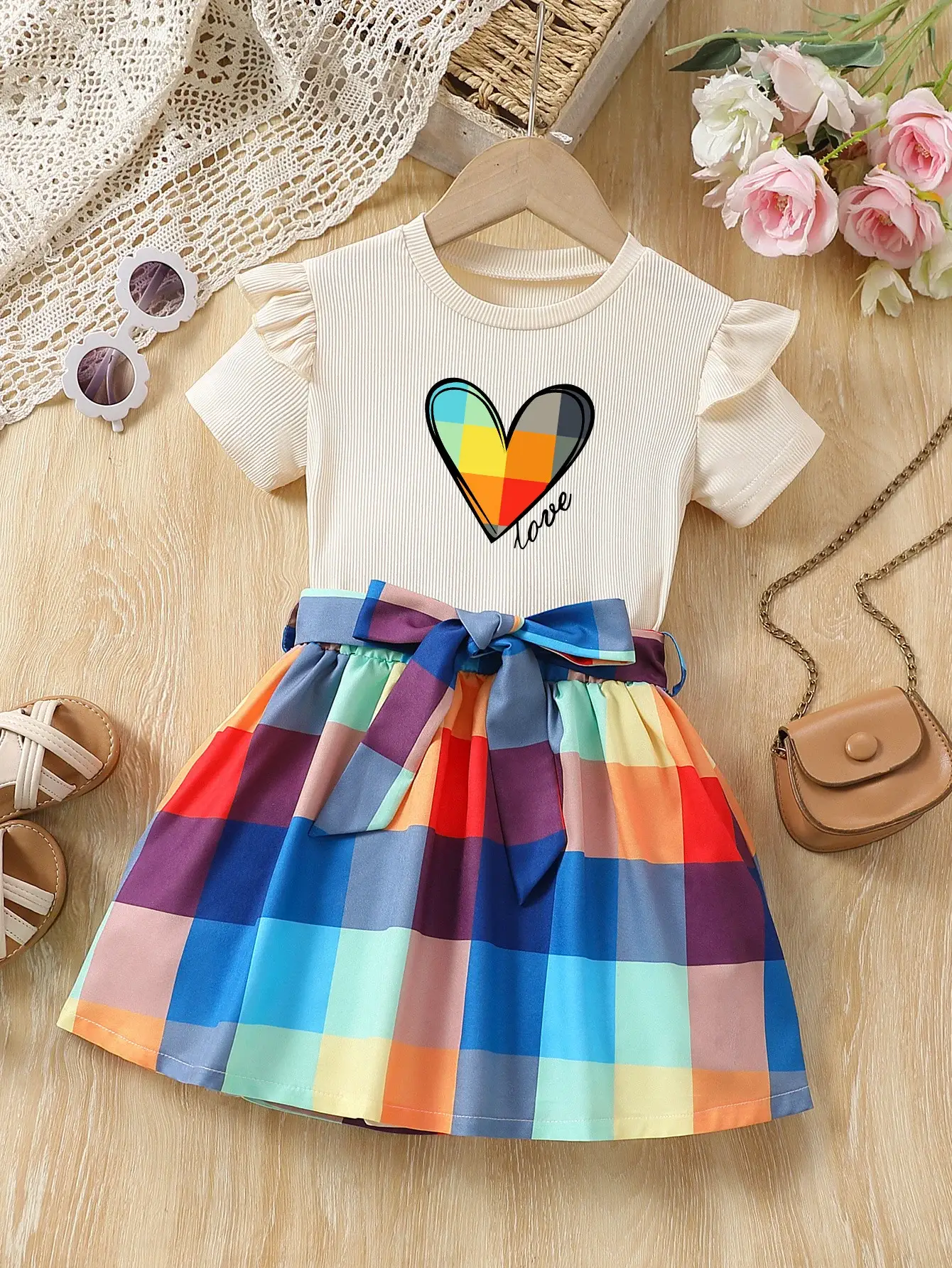 Girls Love Heart Rainbow Plaid Skirt Set — feature 4