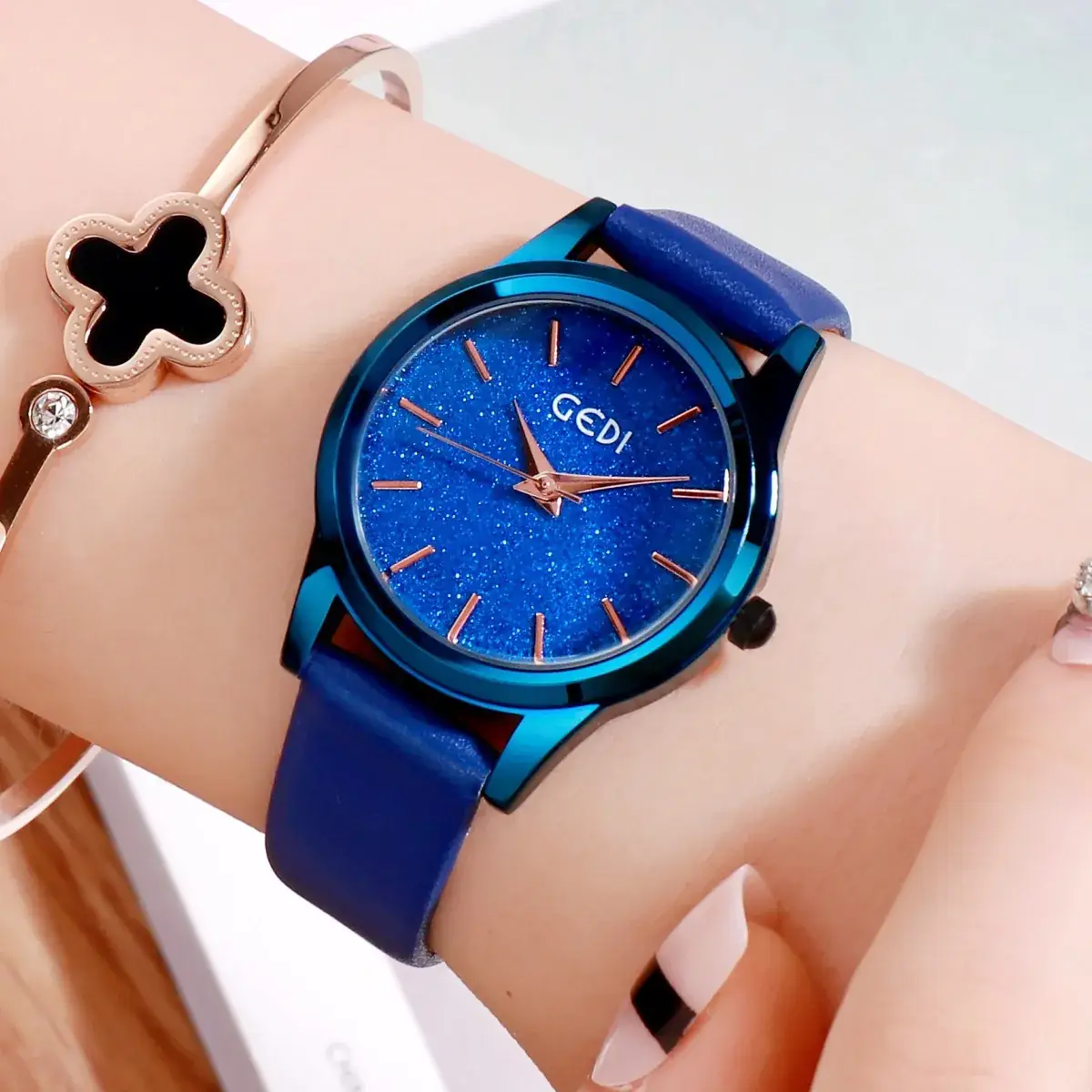 Blue Glitter Women's Quartz Watch with Rose Gold Hands - Image 3
