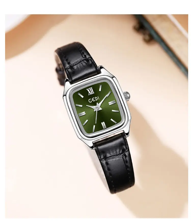 Gedigao Women's Square Gold Watch with Black Leather Strap — feature 14
