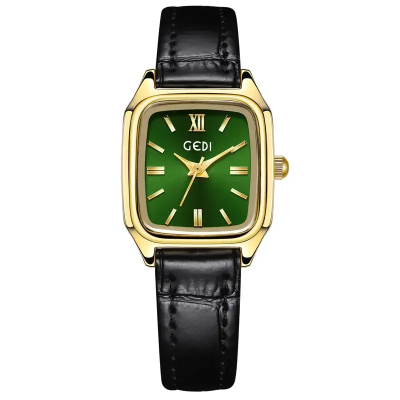 Gedigao Women's Square Gold Watch with Black Leather Strap - Image 3