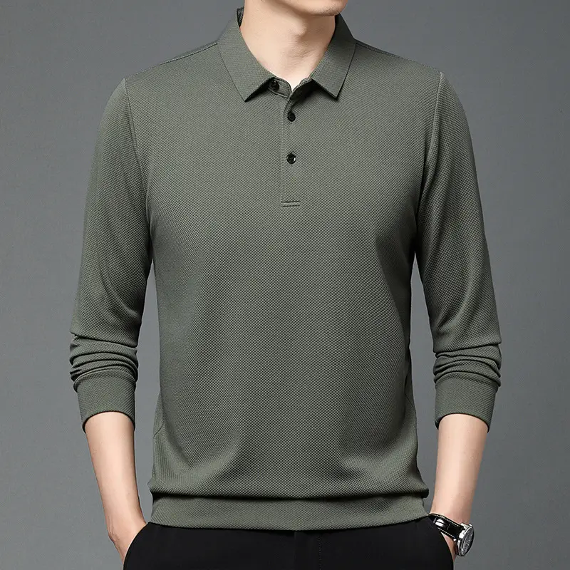 Men Olive Green Long Sleeve Polo T-Shirt 2024 - Image 6