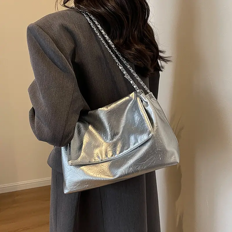 Green Leather Chain Shoulder Bag for Women