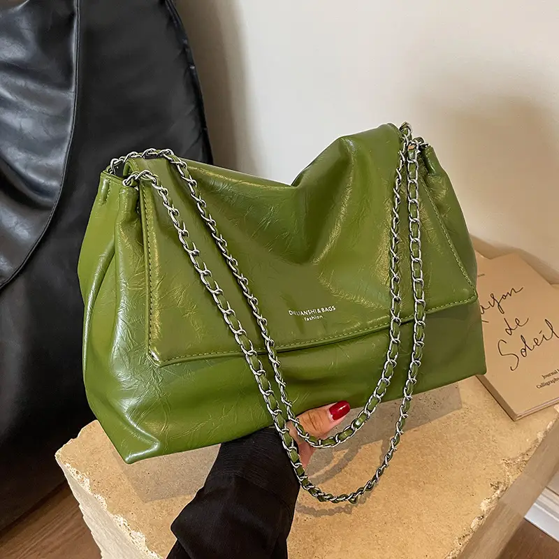 Green Leather Chain Shoulder Bag for Women
