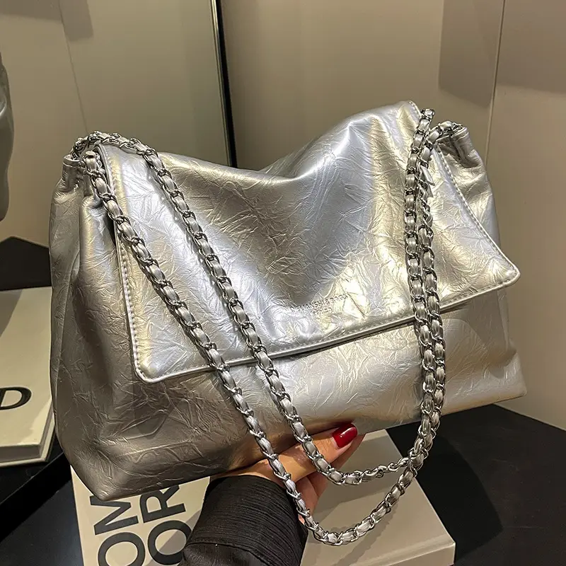 Green Leather Chain Shoulder Bag for Women