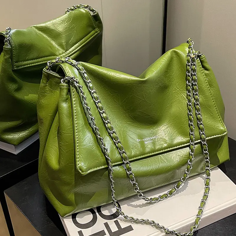 Green Leather Chain Shoulder Bag for Women