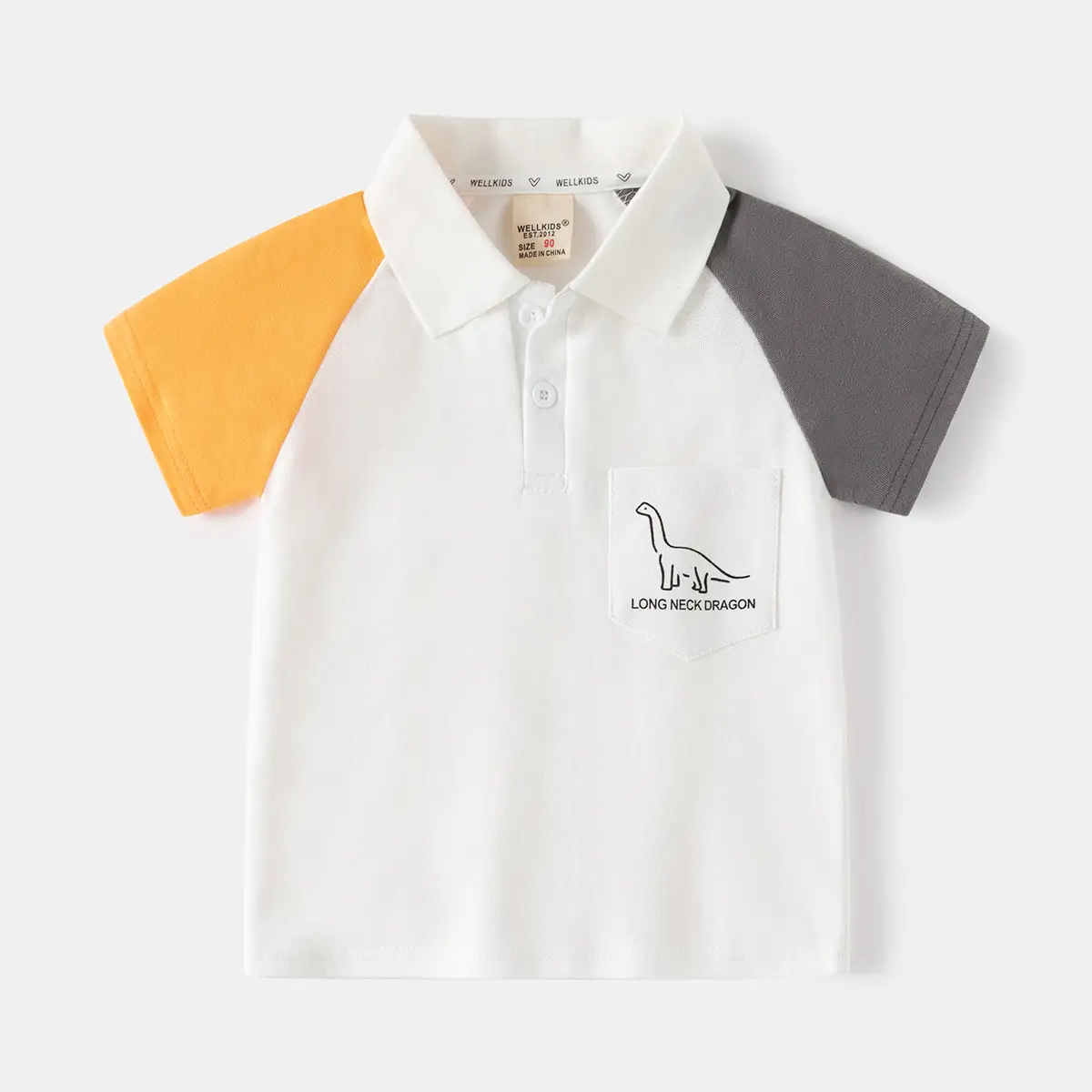 Kids Short Sleeve T-Shirt Grey Green Patch Pocket - Image 2