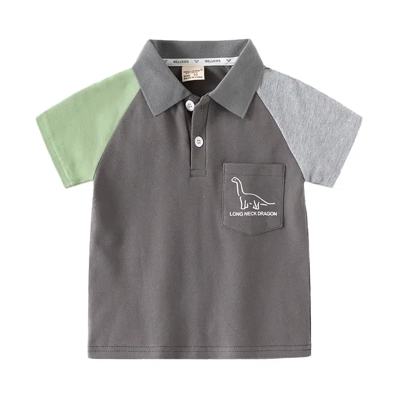 Kids Short Sleeve T-Shirt Grey Green Patch Pocket - Image 6