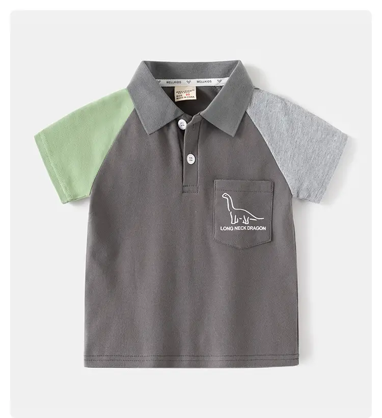 Kids Short Sleeve T-Shirt Grey Green Patch Pocket β feature 1