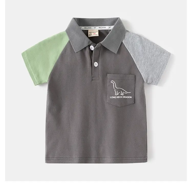 Kids Short Sleeve T-Shirt Grey Green Patch Pocket β feature 9