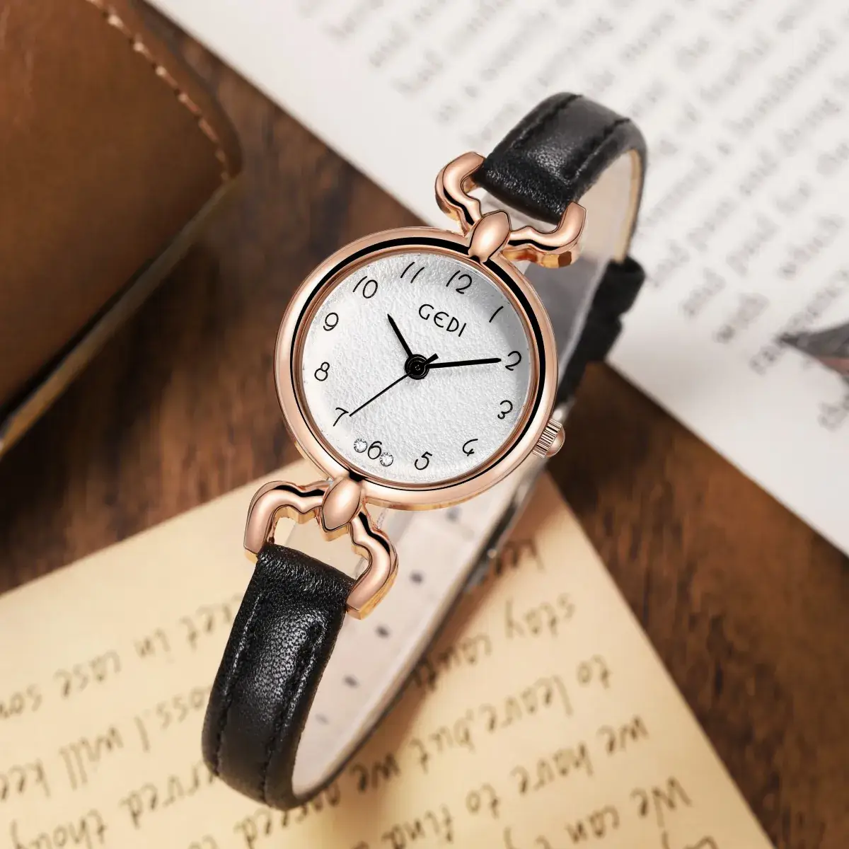 Gedi Women's Watch Rose Gold Brown Leather Quartz Waterproof - Image 6