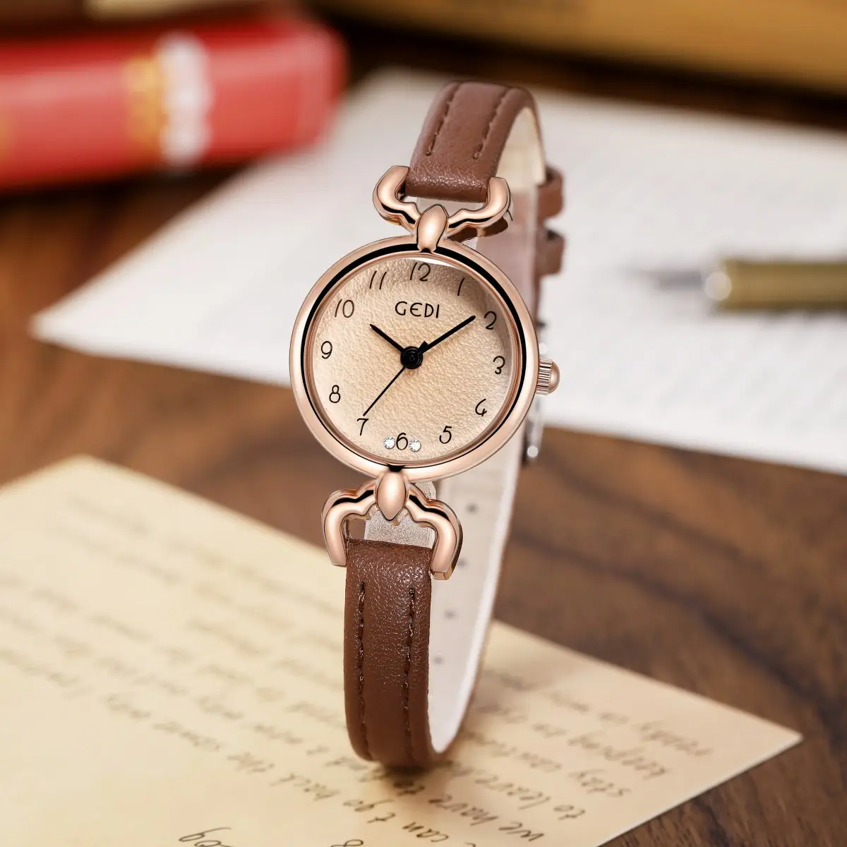 Gedi Women's Watch Rose Gold Brown Leather Quartz Waterproof — feature 16