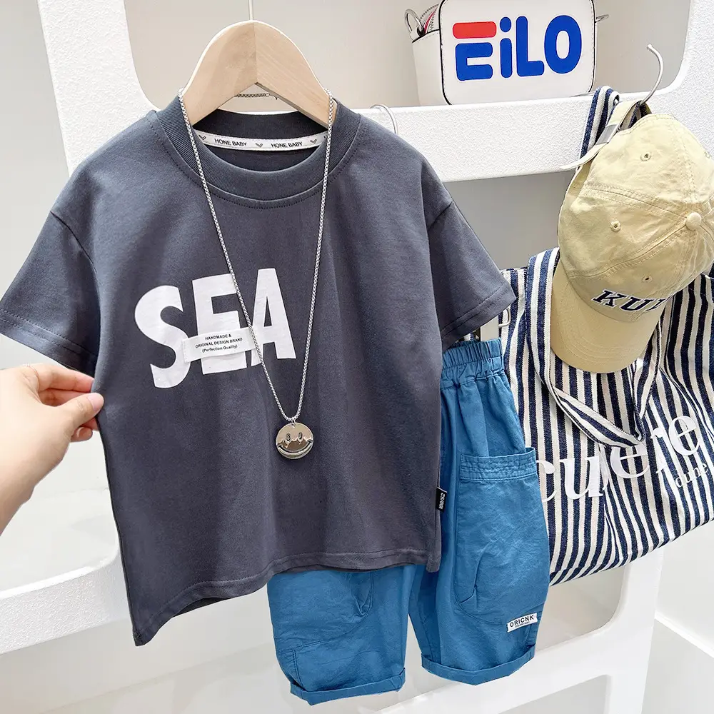 Boys Summer T-Shirt Sea Print Blue Pants Set - Image 4