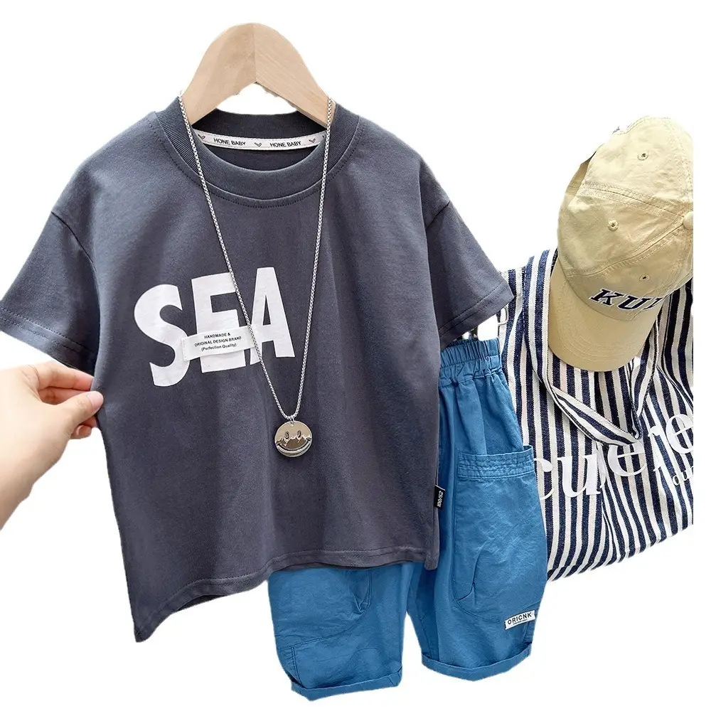 Boys Summer T-Shirt Sea Print Blue Pants Set - Image 7