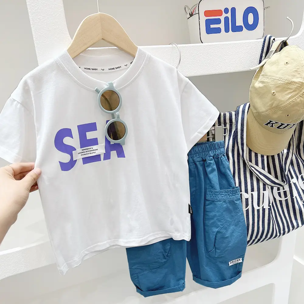 Boys Summer T-Shirt Sea Print Blue Pants Set — feature 4