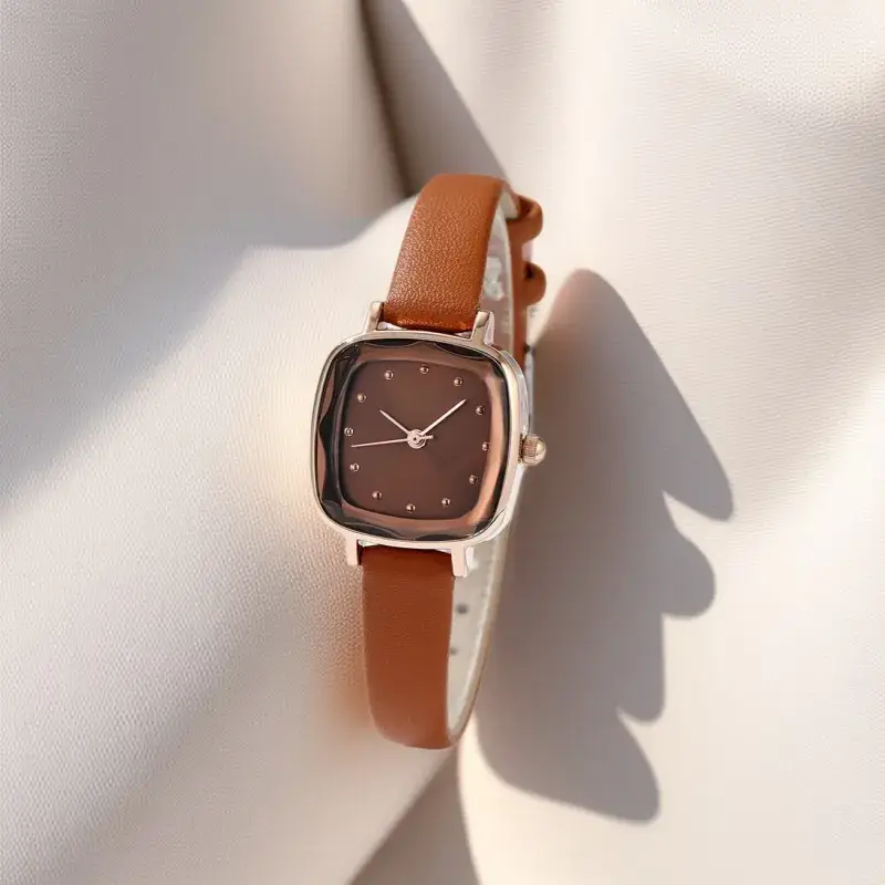 Gedi Retro Square Plate Women's Quartz Watch Brown Belt