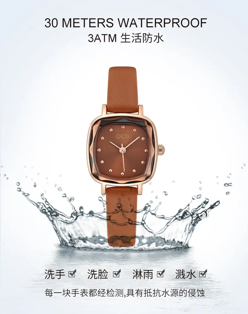 Gedi Retro Square Plate Women's Quartz Watch Brown Belt — feature 9