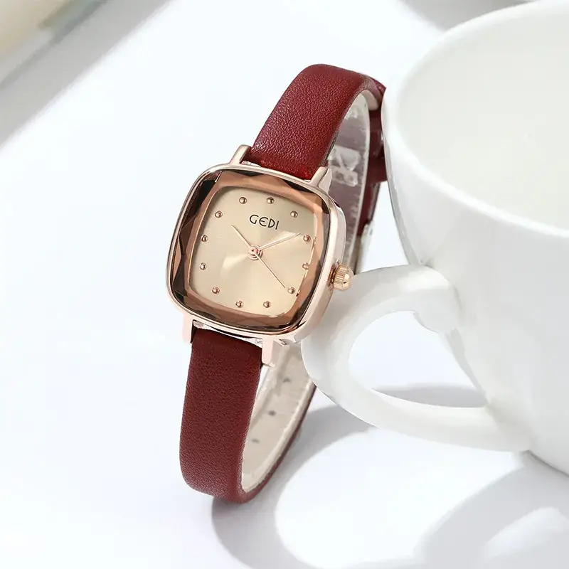 Gedi Retro Square Plate Women's Quartz Watch Brown Belt