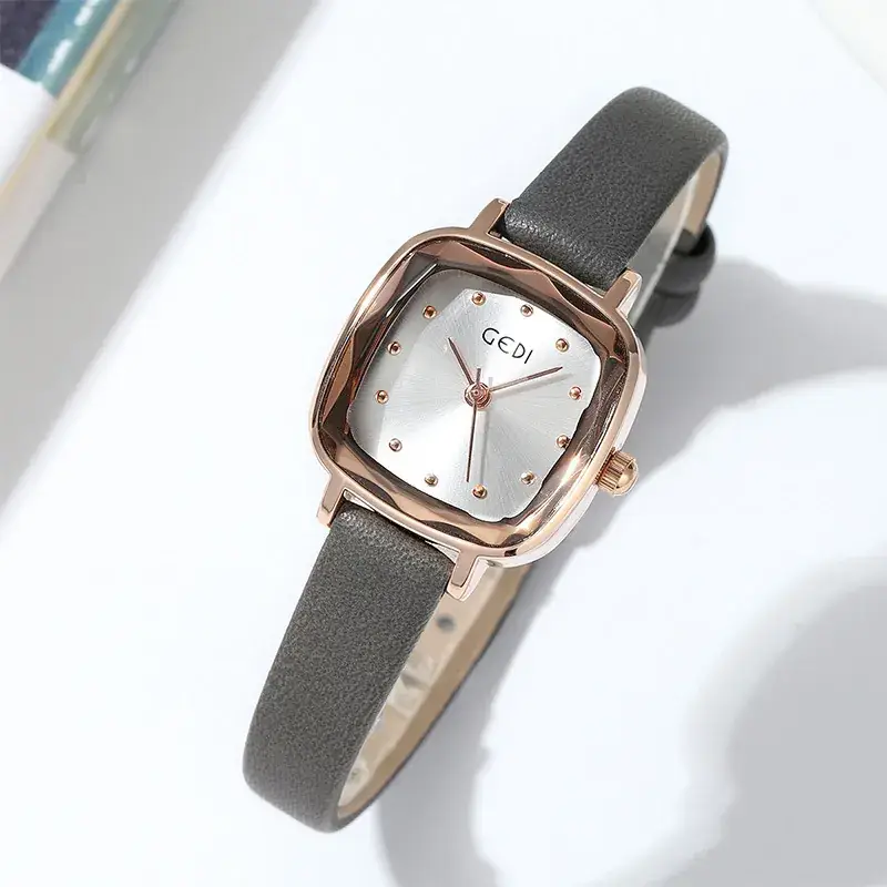 Gedi Retro Square Plate Women's Quartz Watch Brown Belt