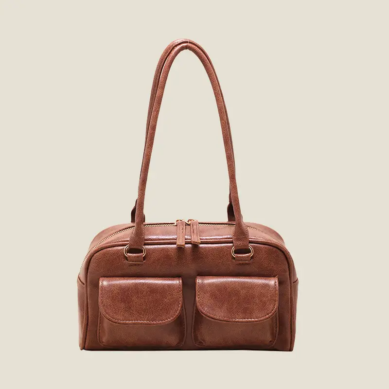 Women Korean Style Shoulder Bag Wax Leather Bowling Bag