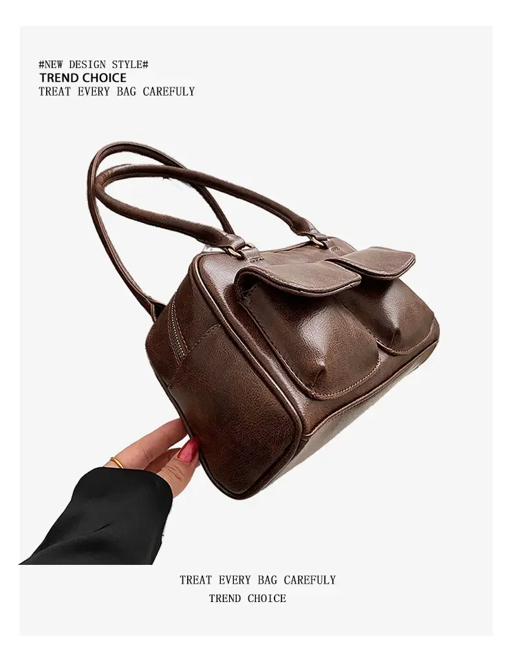 Women Korean Style Shoulder Bag Wax Leather Bowling Bag — feature 16