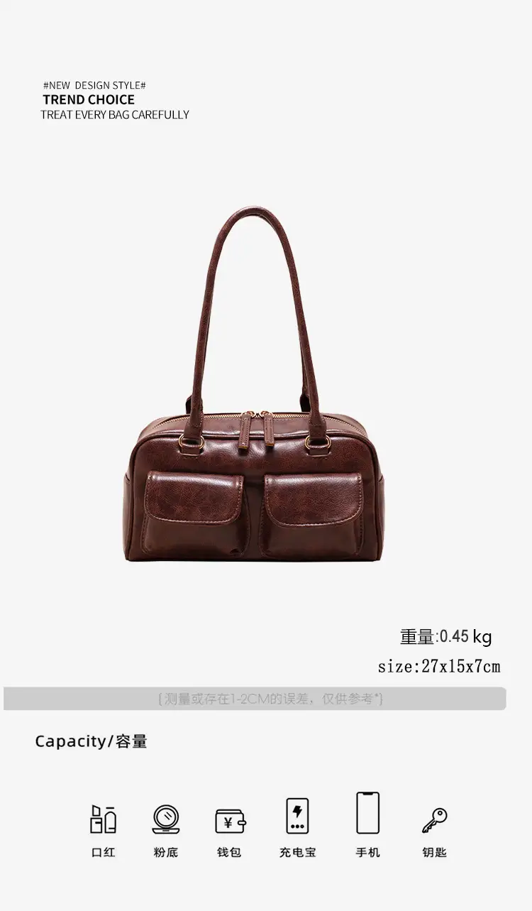 Women Korean Style Shoulder Bag Wax Leather Bowling Bag — feature 7