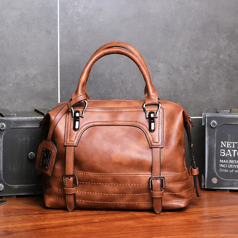 Large Capacity Genuine Leather Crossbody Bag, Single Shoulder Oil Wax Boston Handbag — feature 13