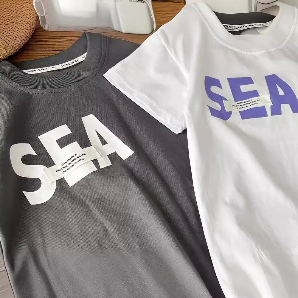 White Cotton T-Shirt for Boys SEA Print - Image 5