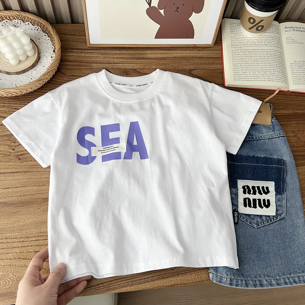White Cotton T-Shirt for Boys SEA Print — feature 3