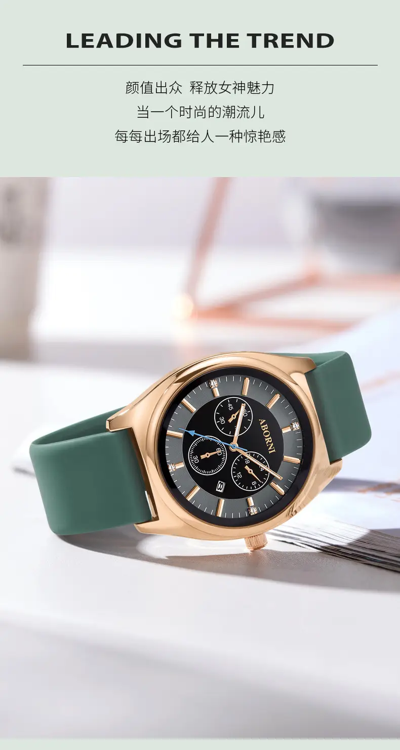 Yabani Women's Rose Gold Chronograph Watch with Green Strap — feature 7