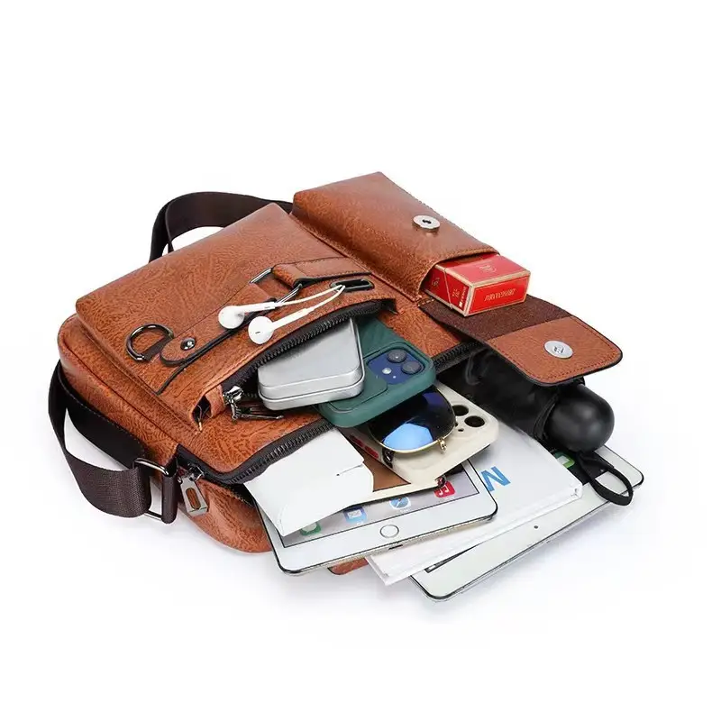 Men's Brown Soft Leather Shoulder Bag with Pocket - Image 6