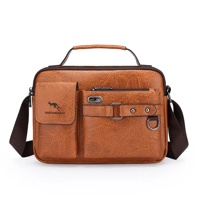Men's Brown Soft Leather Shoulder Bag with Pocket - Image 8