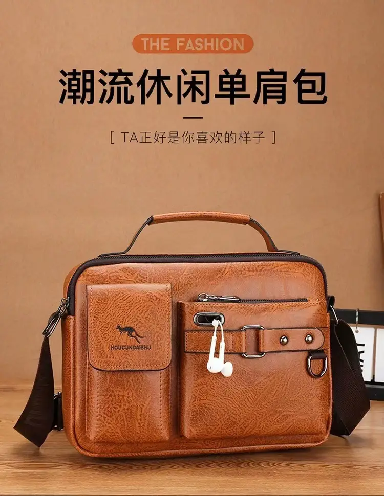 Men's Brown Soft Leather Shoulder Bag with Pocket — feature 1